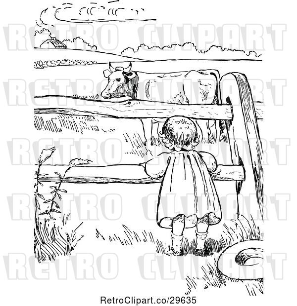 Vector Clip Art of Retro Girl Watching a Cow Through a Fence