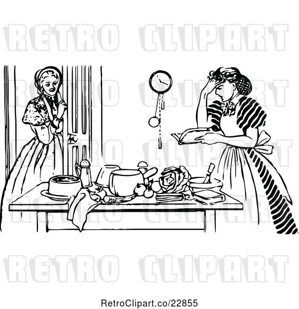 Vector Clip Art of Retro Girl Watching a Frustrated Lady Cook