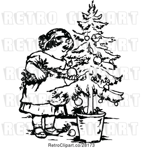 Vector Clip Art of Retro Girl with a Potted Christmas Tree