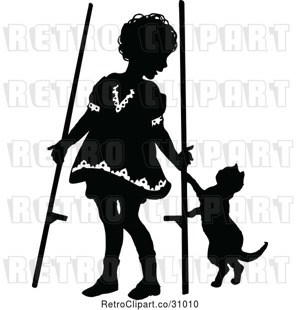 Vector Clip Art of Retro Girl with Stilts and a Cat