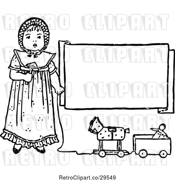 Vector Clip Art of Retro Girl with Toys and a Sign