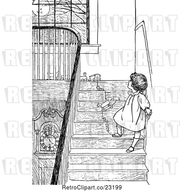 Vector Clip Art of Retro Girl with Toys on Stairs