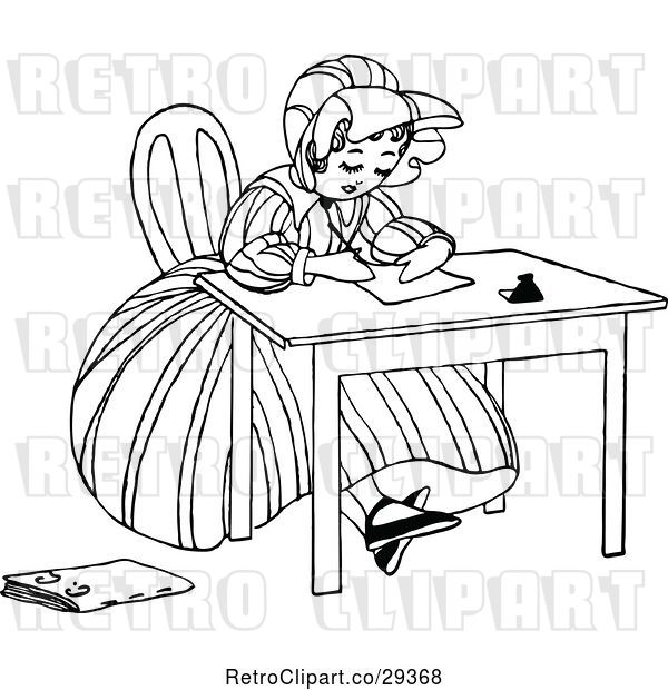 Vector Clip Art of Retro Girl Writing at a Desk