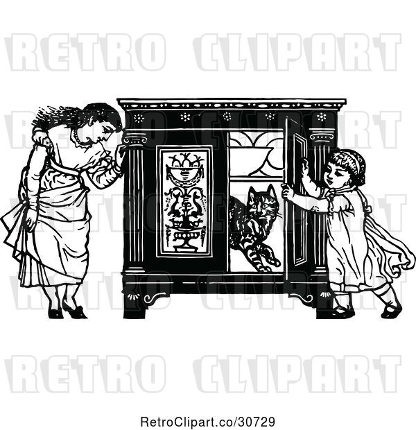 Vector Clip Art of Retro Girls and Cat Playing with a Cupboard