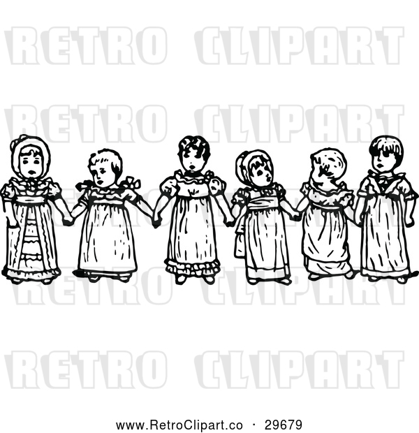 Vector Clip Art of Retro Girls Holding Hands