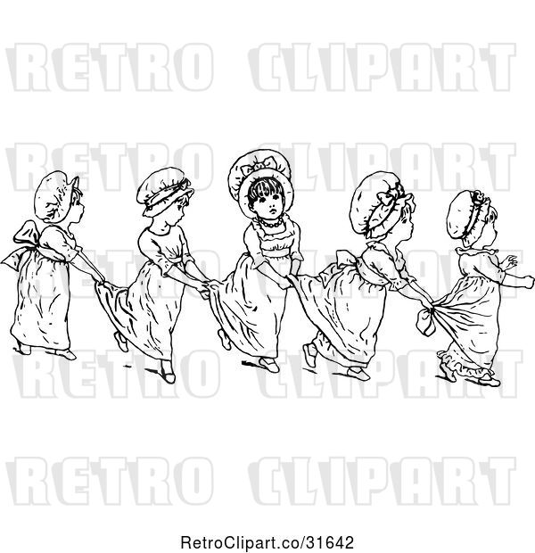 Vector Clip Art of Retro Girls in a Line Holding on to Each Others Dresses