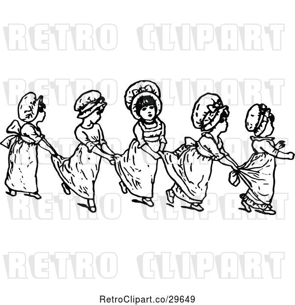 Vector Clip Art of Retro Girls in a Line Holding onto Their Dresses