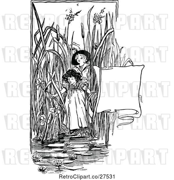 Vector Clip Art of Retro Girls in Pond Reeds with a Banner