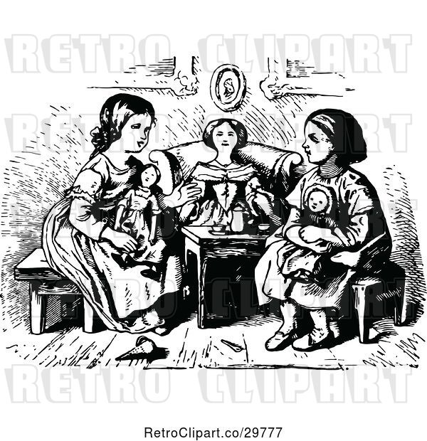 Vector Clip Art of Retro Girls Playing with Dolls 3