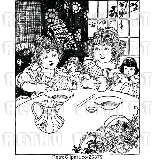 Vector Clip Art of Retro Girls Playing with Dolls