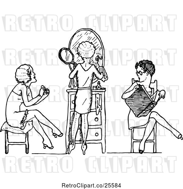 Vector Clip Art of Retro Girls Reading and Putting on Makeup