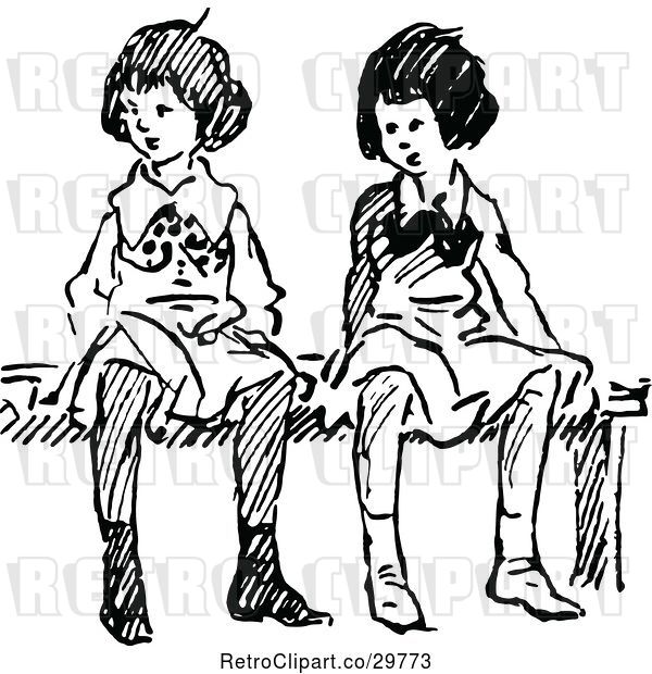 Vector Clip Art of Retro Girls Sitting on a Bench 2