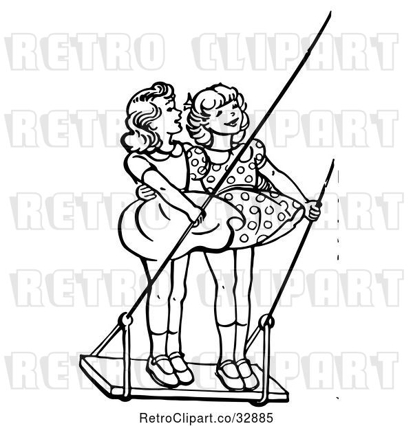 Vector Clip Art of Retro Girls Standing on a Swing in