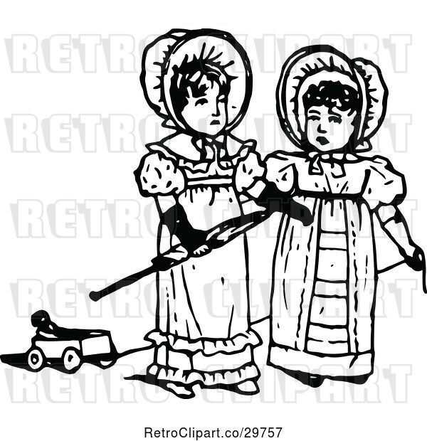 Vector Clip Art of Retro Girls with an Umbrella and Pull Toy