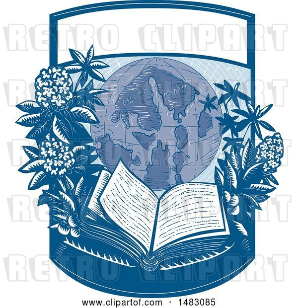 Vector Clip Art of Retro Globe with Rhododendron Flowers and an Open Book in a Crest