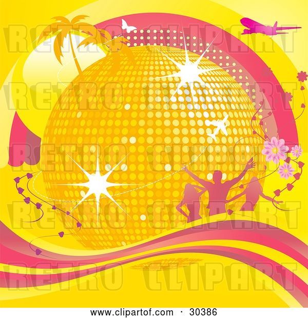Vector Clip Art of Retro Golden Disco Ball Surrounded by Palm Trees, Sunshine, Silhouetted People, Flowers, Airplanes and Butterflies and a Wave of Pink and Yellow