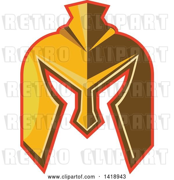 Vector Clip Art of Retro Golden Spartan Helmet with a Red Outline