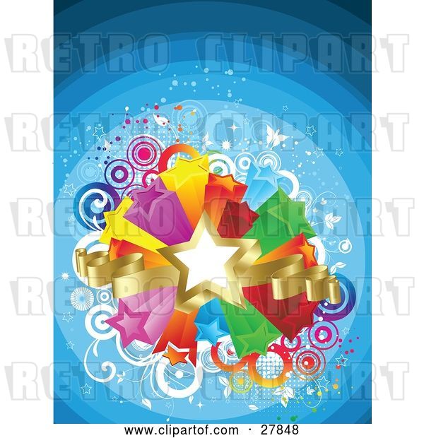 Vector Clip Art of Retro Golden Star and Ribbons over a Bursting Island of Yellow, Purple, Orange, Red, Green and Blue Stars over a Gradient Blue Background of Circles and Butterflies