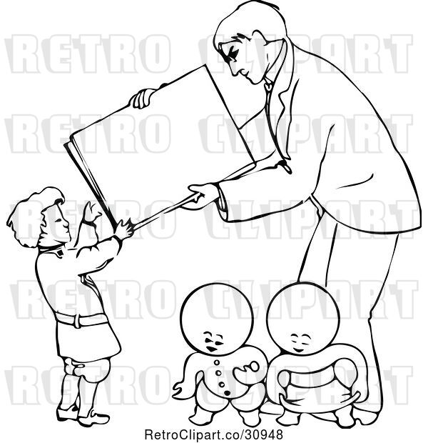 Vector Clip Art of Retro Goops KChildren Under a Guy and Boy with a Sign