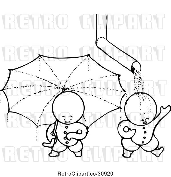 Vector Clip Art of Retro Goops KChildren with an Umbrella and Drain Spout