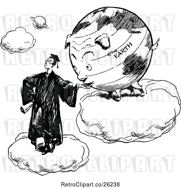 Vector Clip Art of Retro Graduate and Earth Eating out of His Hand