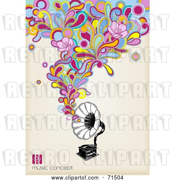 Vector Clip Art of Retro Gramophone with Funky Colorful Music with Flowers