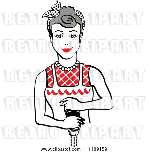 Vector Clip Art of Retro Gray Haired Housewife or Maid Lady Grinding Fresh Pepper 2