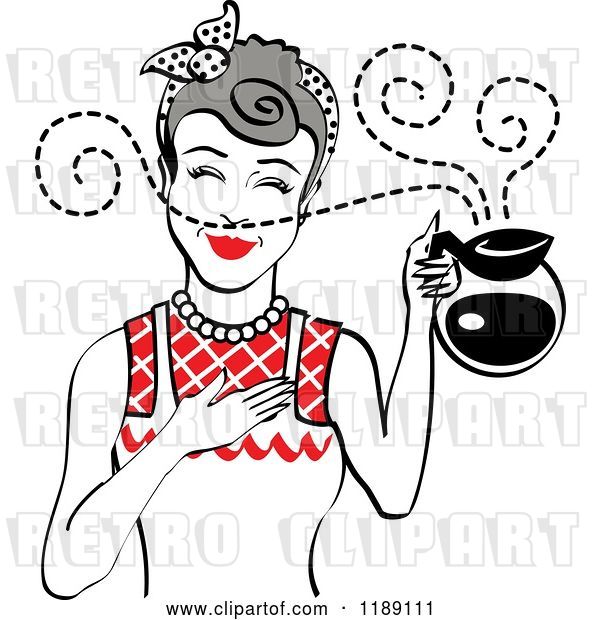 Vector Clip Art of Retro Gray Haired Waitress or Housewife Smelling the Aroma of Fresh Hot Coffee in a Pot 2
