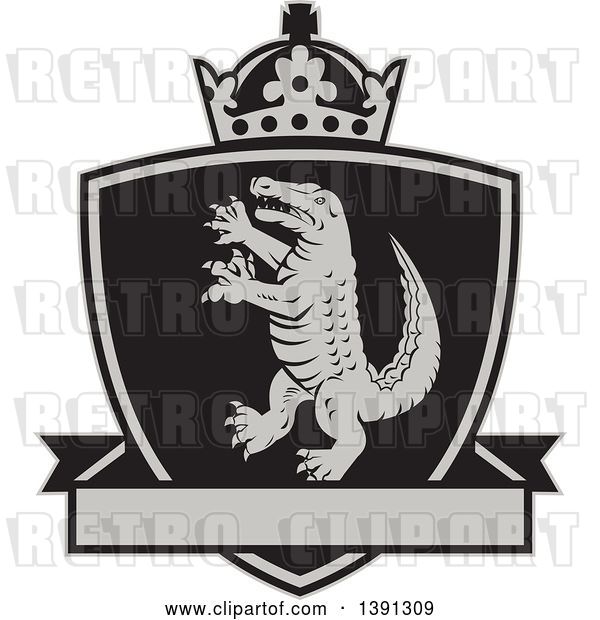 Vector Clip Art of Retro Grayscale Alligator or Crocodile Coat of Arms Shield with a Crown and Blank Banner