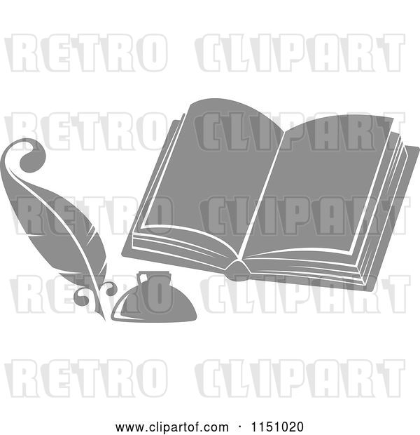 Vector Clip Art of Retro Grayscale Feather Quill Pen Ink Well and Open Book