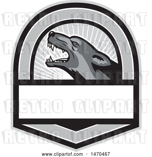 Vector Clip Art of Retro Grayscale German Shepherd Dog in a Shield with Rays