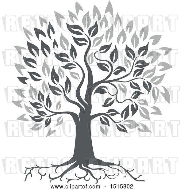 Vector Clip Art of Retro Grayscale Oak Tree with Roots and Leaves