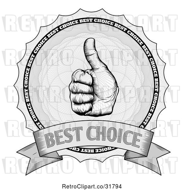 Vector Clip Art of Retro Grayscale Thumb up Best Choice Award Winner Badge over Guilloche