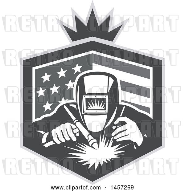 Vector Clip Art of Retro Grayscale Welder Working in an American Flag Shield with a Crown