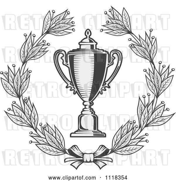 Vector Clip Art of Retro Grayscale Wreath and Trophy Cup 2