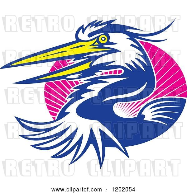 Vector Clip Art of Retro Great Blue Heron Bird Emerging from an Oval of Pink Rays