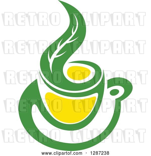 Vector Clip Art of Retro Green and Yellow Tea Cup with a Leaf 3