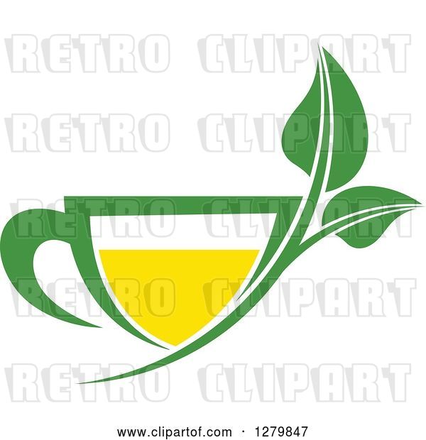 Vector Clip Art of Retro Green and Yellow Tea Cup with Leaves 2