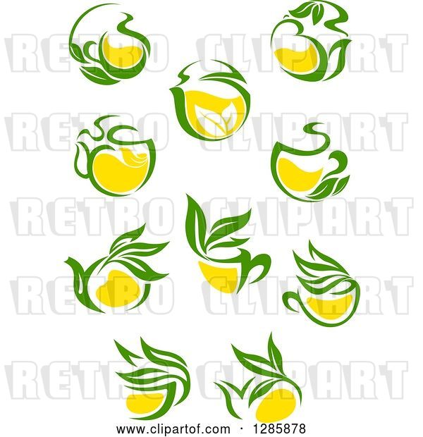 Vector Clip Art of Retro Green and Yellow Tea Cups and Pots with Leaves 2