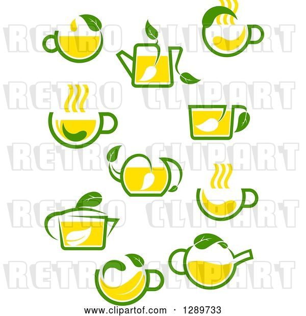 Vector Clip Art of Retro Green and Yellow Tea Cups and Pots with Leaves 5