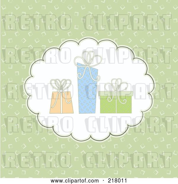Vector Clip Art of Retro Green Background with a Cloud and Three Gifts