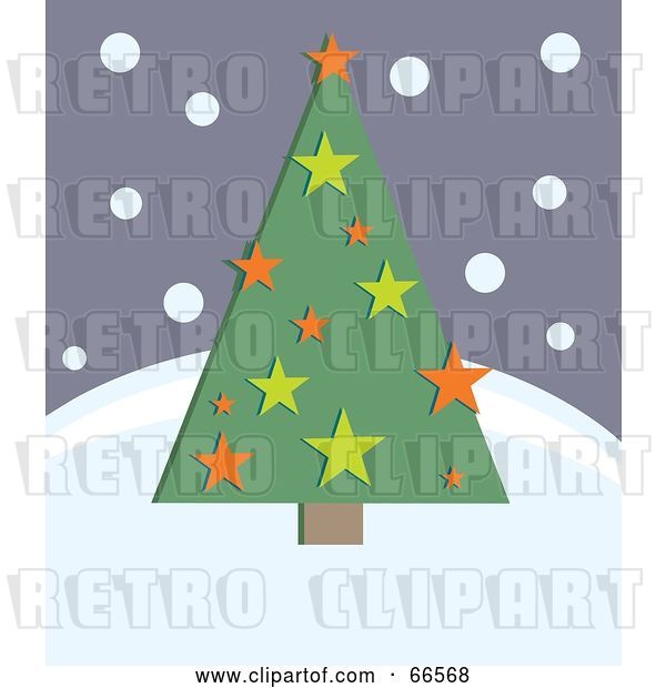Vector Clip Art of Retro Green Christmas Tree with Stars on a Snowy Hill