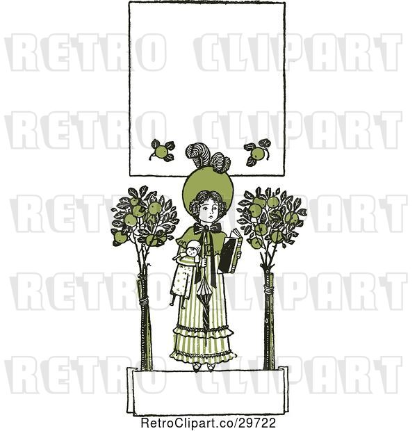 Vector Clip Art of Retro Green Girl with a Doll Trees and Copyspace