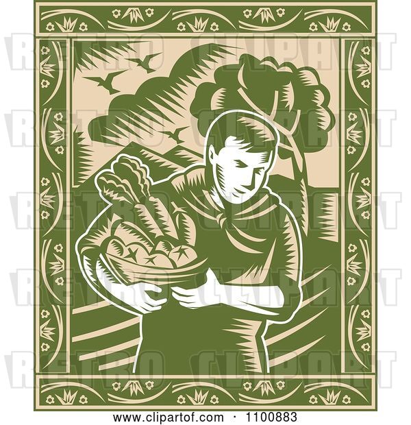 Vector Clip Art of Retro Green Organic Farmer Carrying Fresh Produce in a Bowl with an Ornate Frame