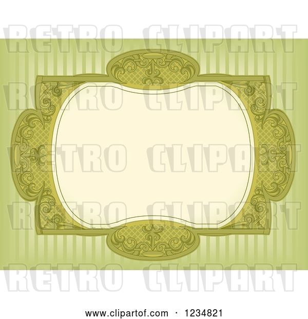 Vector Clip Art of Retro Green Ornate Floral Frame over Stripes