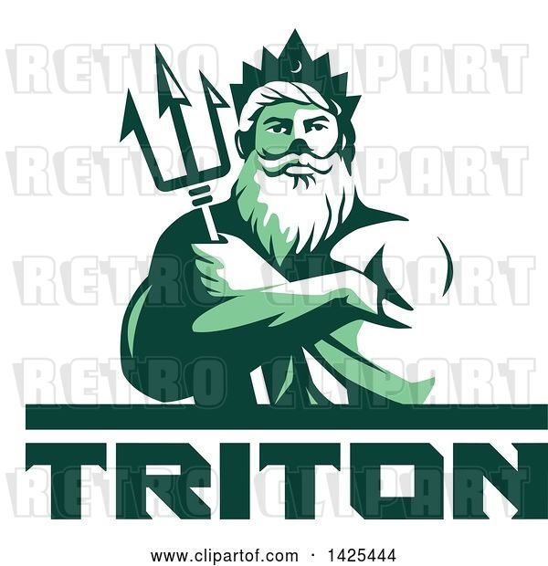 Vector Clip Art of Retro Green Toned Guy, Triton Mythological God, Holding a Trident in Folded Arms, over Text