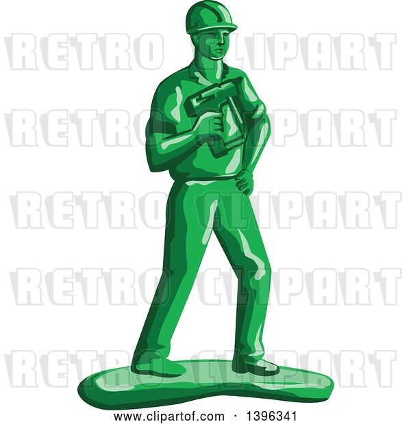 Vector Clip Art of Retro Green Toy Construction Worker Holding a Nail Gun