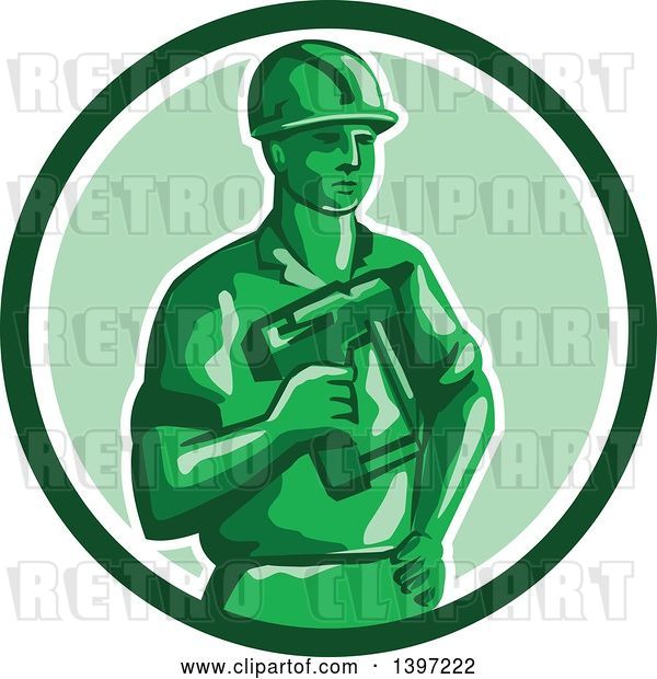 Vector Clip Art of Retro Green Toy Construction Worker Holding a Nail Gun in a Circle
