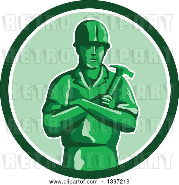 Vector Clip Art of Retro Green Toy Male Carpenter or Builder with Folded Arms, Holding a Hammer in a Circle