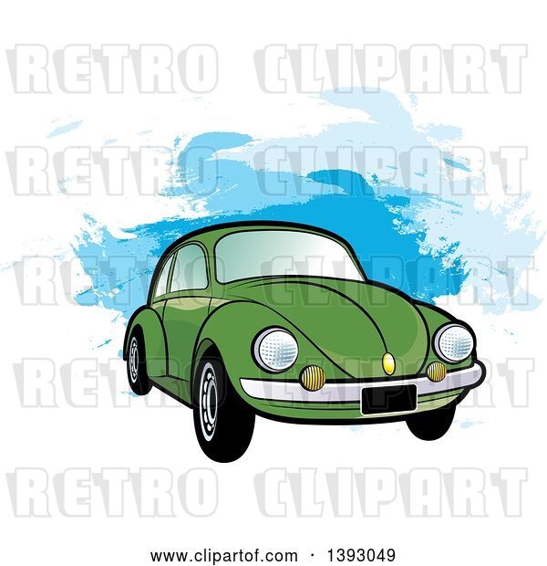 Vector Clip Art of Retro Green VW Slug Bug Car over Blue Paint Strokes